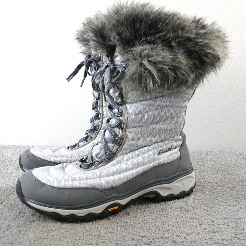Eddie Bauer Snow Boots Womens 10 Thermafill 200g Vibram Faux Fur Gray 6205-023